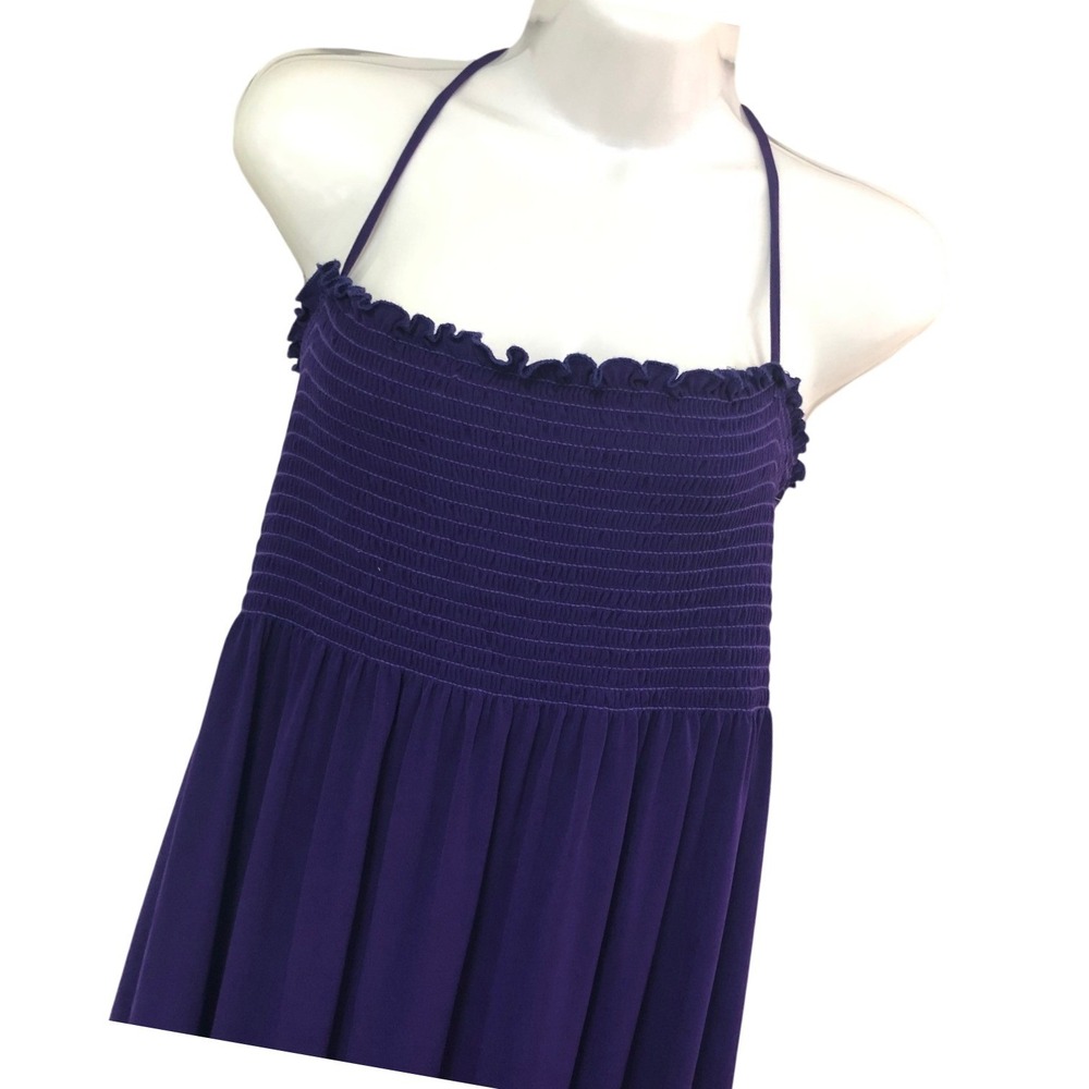 VTG‎ Dream Beach Maxi Dress Womens XL Purple Smocked Halter Ruffle USA Coastal